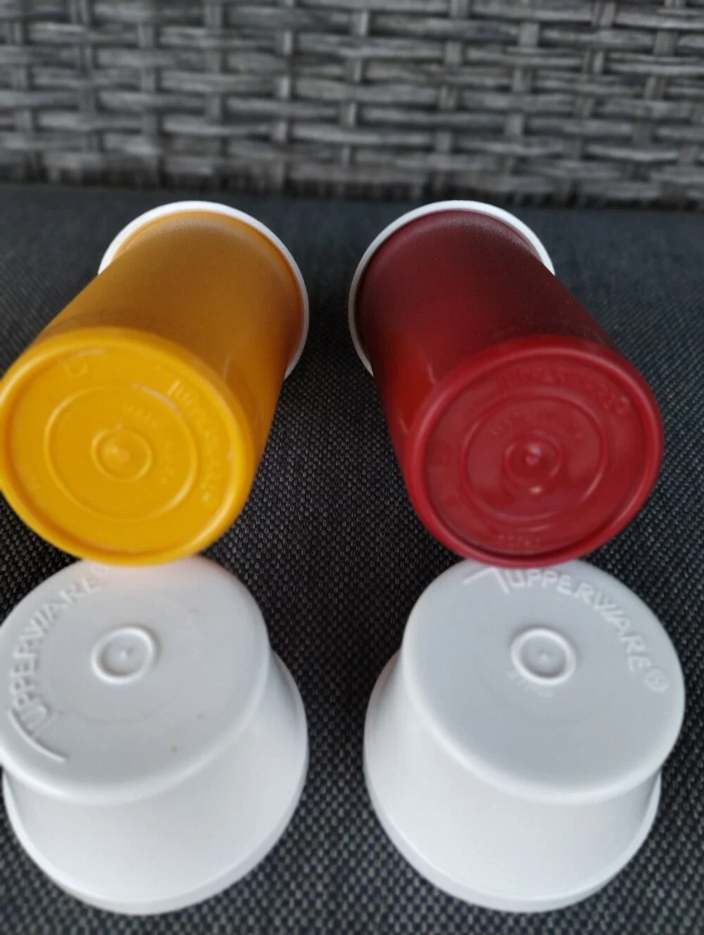 Vintage Tupperware Ketchup Mustard Pump Dispensers Red Yellow Cups Set